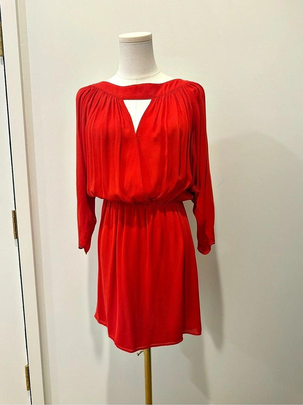 Parker 100% Silk Red Draped Blouson Mini Dress Long Sleeve Size S